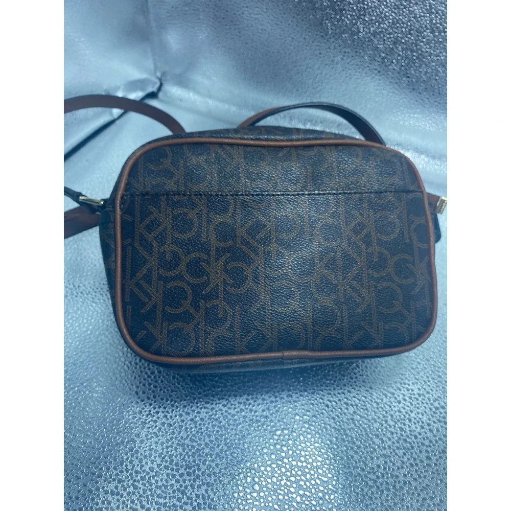 Calvin Klein Brown Monogram Logo Crossbody Camera Bag Tan Trim Gold Hardware